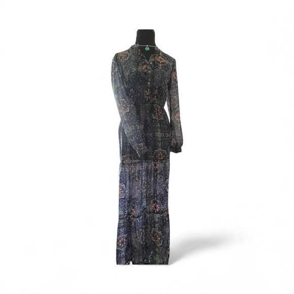 Xhilaration Dark Boho Sheer Maxi Dress Size SM Tiered Floral Whimsigoth Romantic - Picture 3 of 15